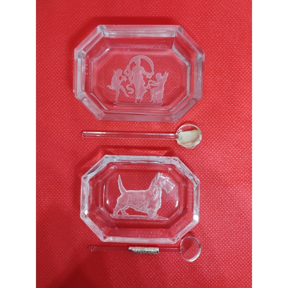 Heinrich Hoffmann 2 Salt Cellars Etched‎ Glass W/Spoons Scottish Terrier Angel